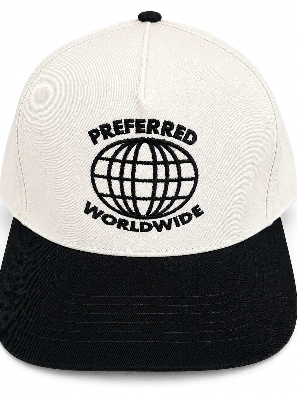 Preferred Worldwide Black & Cream Snapback Hat Embroidered Globe Logo Cap OS